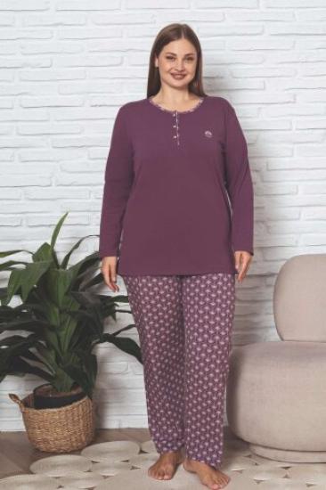 Büyük Beden Kadın Pijama Takımı - Gülkurusu Etnik Desen Uzun Kol Likralı Penye 2890UKBL