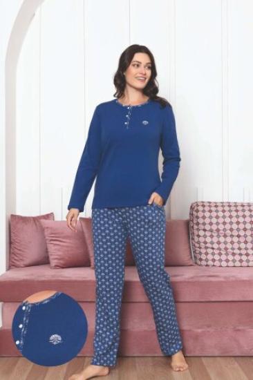 Kadın Pijama Takımı - İndigo Etnik Desen Uzun Kol Likralı Penye 2890UKL