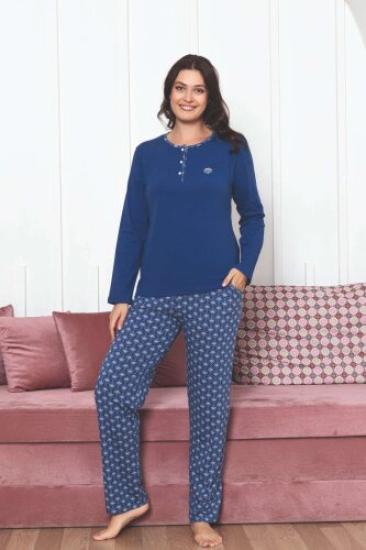 Kadın Pijama Takımı - İndigo Etnik Desen Uzun Kol Likralı Penye 2890UKL