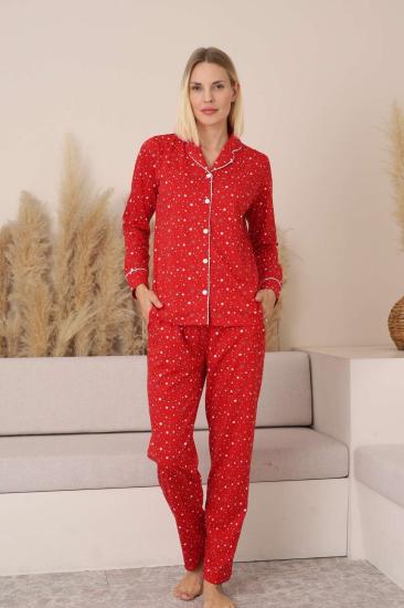 Kadın Pijama Takımı - Kırmızı Önden Düğmeli Uzun Kollu Penye 2769UY
