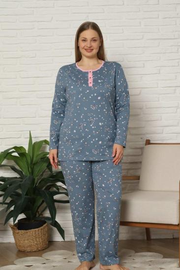 Büyük Beden Kadın Pijama Takımı - Çiçek Desenli Uzun Kollu  Penye 2808UYB