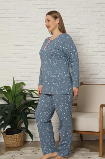 Büyük Beden Kadın Pijama Takımı - Çiçek Desenli Uzun Kollu  Penye 2808UYB