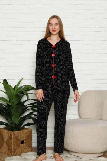 Kadın Pijama Takımı - Siyah Puantiyeli Önden Düğmeli Uzun Kollu Likralı 2828