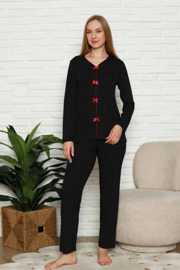 Kadın Pijama Takımı - Siyah Puantiyeli Önden Düğmeli Uzun Kollu Likralı 2828