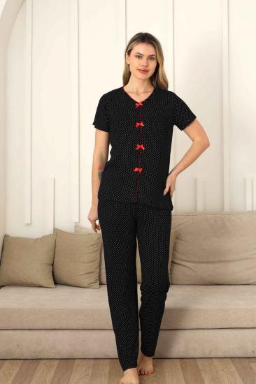 Kadın Pijama Takımı - Siyah Puantiyeli Önden Düğmeli Kısa Kollu Likralı 2828KY