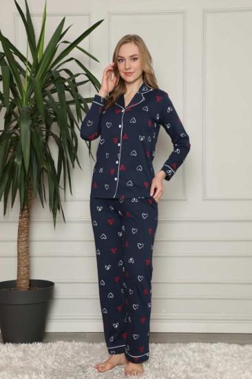 Önden Düğmeli Kadın Pijama Takımı - Lacivert Kalp Desenli Penye 2581UY