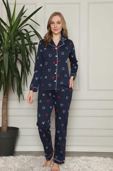 Önden Düğmeli Kadın Pijama Takımı - Lacivert Kalp Desenli Penye 2581UY