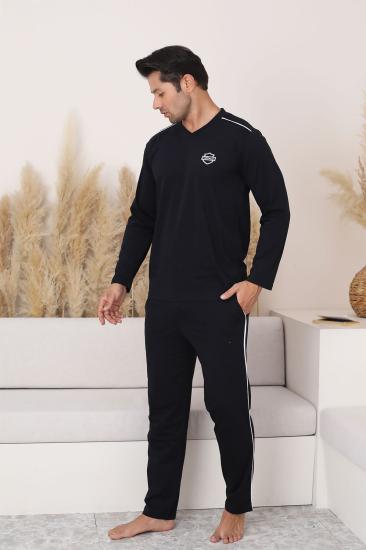 Erkek Pijama Takımı - Siyah Arma Nakışlı Biyeli Uzun Kollu Penye 1216UY