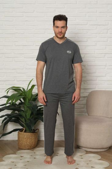 Erkek Pijama Takımı - Antrasit Arma Nakışlı Biyeli Kısa Kollu Penye 1216KY