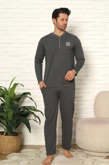Erkek Pijama Takımı - Antrasit Nakışlı Uzun Kollu Penye 1102UY