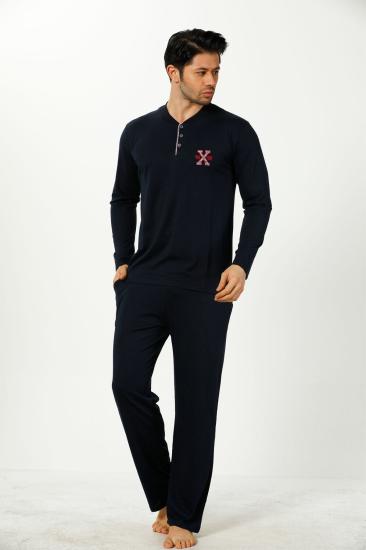 Erkek Pijama Takımı - Lacivert Nakışlı Uzun Kollu Penye 1102UY