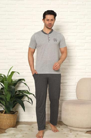 Erkek Pijama Takımı - Gri Nakışlı Kısa  Kollu Penye 1102KY