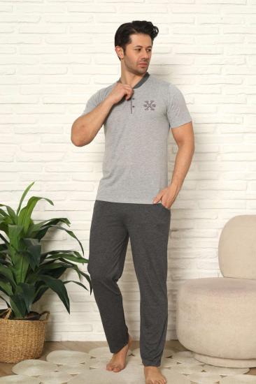 Erkek Pijama Takımı - Gri Nakışlı Kısa  Kollu Penye 1102KY
