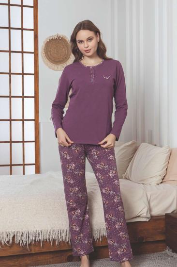 Kadın Pijama Takımı - Mürdüm Çiçek Desenli Uzun Kollu Likralı Pamuk 2892UKL
