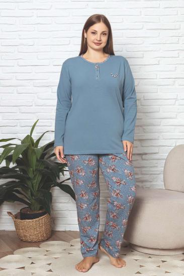 Büyük Beden Kadın Pijama Takımı - İndigo Çiçek Desenli Likralı Pamuk 2892UKBL