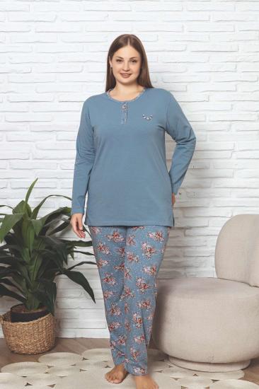 Büyük Beden Kadın Pijama Takımı - İndigo Çiçek Desenli Likralı Pamuk 2892UKBL