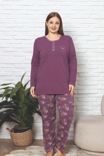 Büyük Beden Kadın Pijama Takımı - Mürdüm Çiçek Desenli Likralı Pamuk 2892UKBL