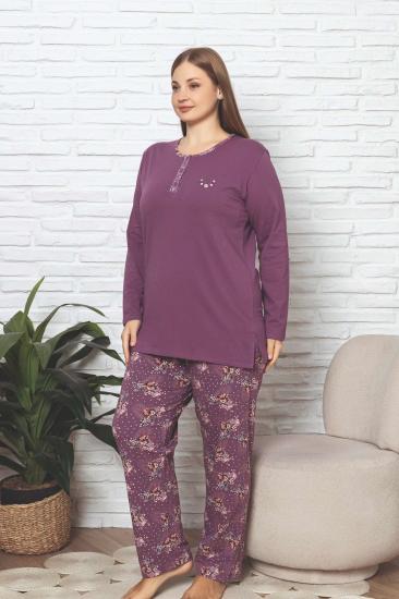 Büyük Beden Kadın Pijama Takımı - Mürdüm Çiçek Desenli Likralı Pamuk 2892UKBL