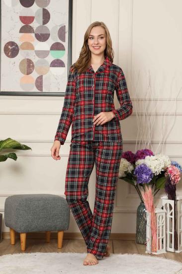Bayan Pijama Takım - Ekoseli Önden Düğmeli  Penye Uzun Kollu 2523UY