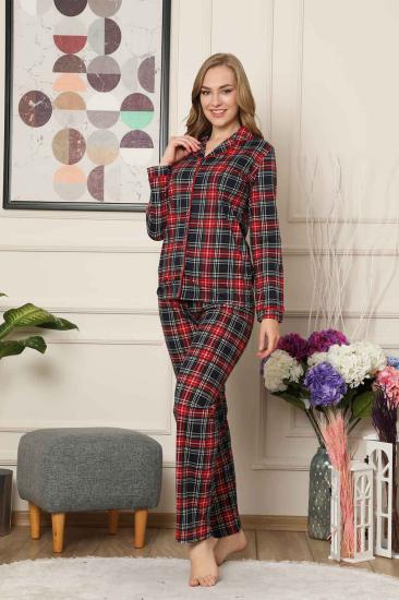 Bayan Pijama Takım - Ekoseli Önden Düğmeli  Penye Uzun Kollu 2523UY