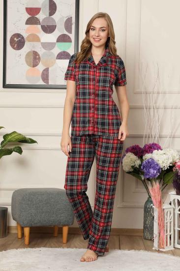 Bayan Pijama Takım - Ekoseli Önden Düğmeli  Penye Kısa Kollu 2523KY