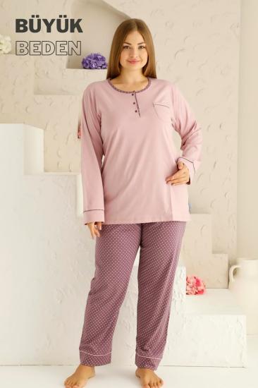 Büyük Beden Kadın Pijama Takımı - Gül kurusu Puantiyeli uzun kollu penye 2672UYB