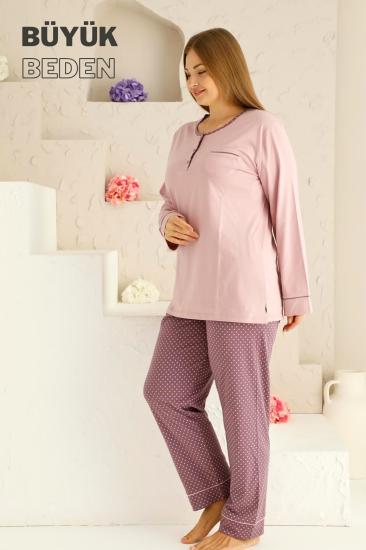 Büyük Beden Kadın Pijama Takımı - Gül kurusu Puantiyeli uzun kollu penye 2672UYB
