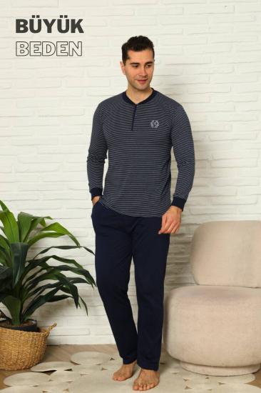 Büyük Beden Erkek Pijama Takımı - Lacivert Çizgili Uzun Kollu Penye 1219UYB