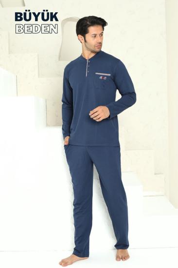 Büyük Beden Erkek Pijama Takımı - İndigo Arma Nakışlı Likralı Penye 1194UYB