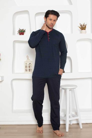 Erkek Pijama Takımı - Lacivert Mini Puan Desen Penye Uzun Kollu 1204UY