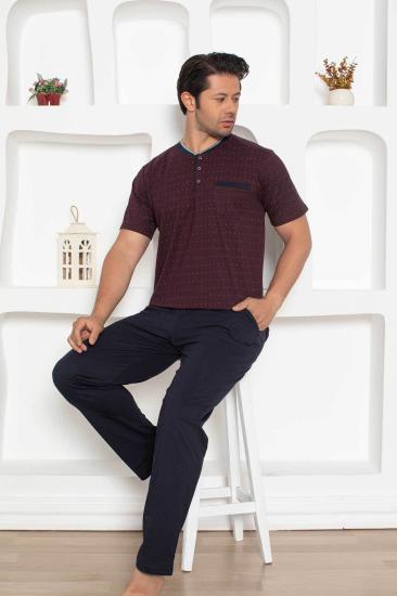 Erkek Pijama Takımı - Bordo Mini Puan Desen Penye Kısa Kollu 1204KY