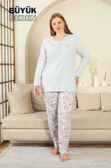 Büyük Beden Kadın Pijama Takımı - Gül Desenli Uzun Kollu  Penye 2875UYB