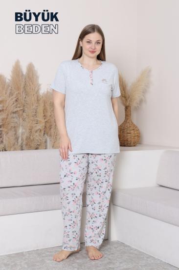 Büyük Beden Kadın Pijama Takımı - Gül Desenli Kısa Kollu  Penye 2875KYB