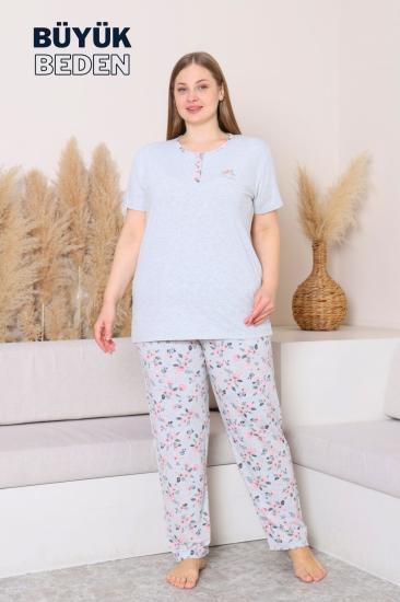 Büyük Beden Kadın Pijama Takımı - Gül Desenli Kısa Kollu  Penye 2875KYB