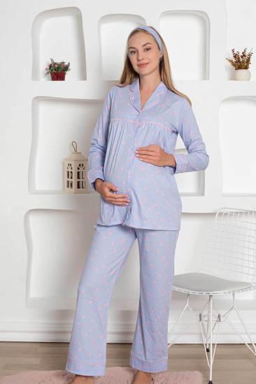 Hamile Lohusa Pijama Takımı - Mavi Kalpli Saç Bantlı Uzun Kollu Penye 2796
