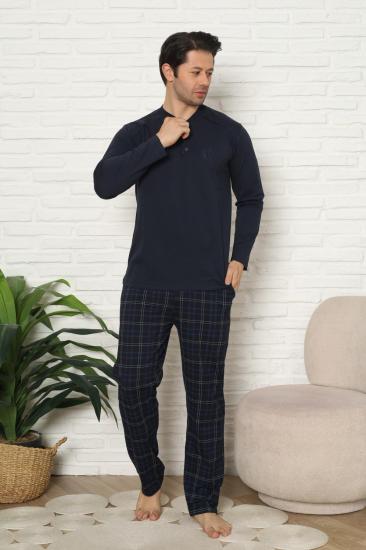 Erkek Pijama Takımı - Lacivert Kareli Uzun Kollu Penye 1227UY