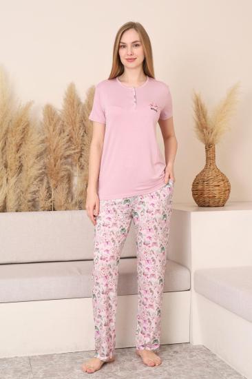Kadın Pijama Takımı - Pembe 3D Kelebek Desenli Kısa Kol Likralı Viskon 2876KY