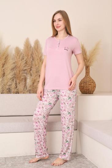 Kadın Pijama Takımı - Pembe 3D Kelebek Desenli Kısa Kol Likralı Viskon 2876KY