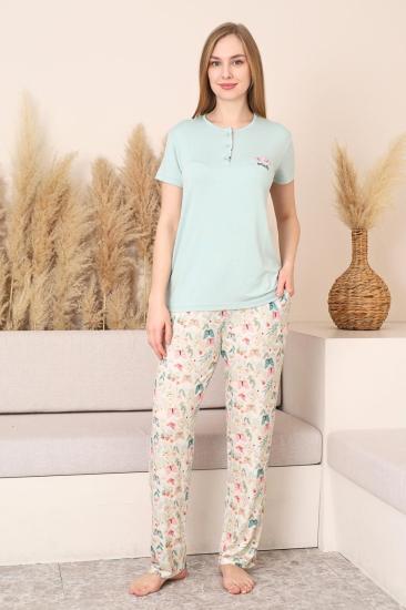 Kadın Pijama Takımı - Yeşil 3D Kelebek Desenli Kısa Kol Likralı Viskon 2876KY