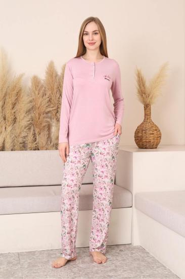 Kadın Pijama Takımı - Pembe 3D Kelebek Desenli Uzun Kol Likralı Viskon 2876UY