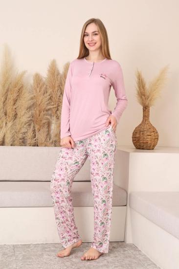 Kadın Pijama Takımı - Pembe 3D Kelebek Desenli Uzun Kol Likralı Viskon 2876UY
