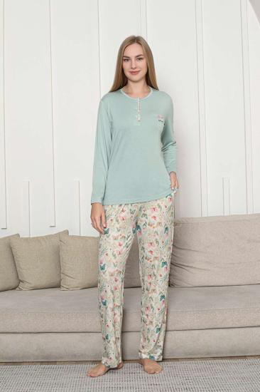 Kadın Pijama Takımı - Yeşil 3D Kelebek Desenli Uzun Kol Likralı Viskon 2876UY