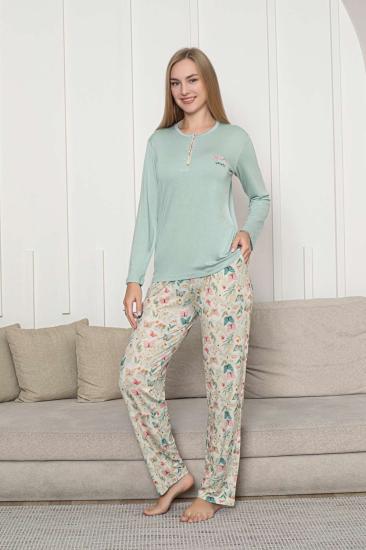 Kadın Pijama Takımı - Yeşil 3D Kelebek Desenli Uzun Kol Likralı Viskon 2876UY