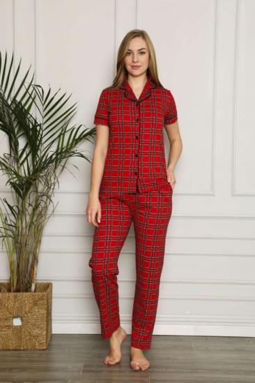 Bayan Pijama Takım - Kırmızı Kareli Önden Düğmeli  Penye Kısa Kollu 2563KY