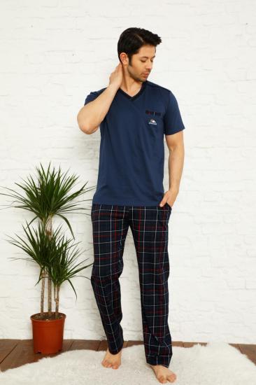 Lacivert Ekoseli Kısa Kollu Erkek Pijama Takımı 1167KY