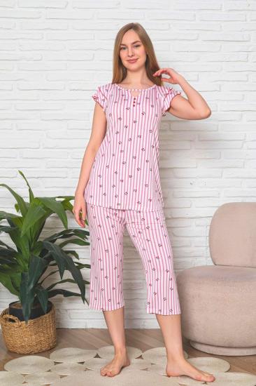 Desenli Kadın Pijama Takımı - Çizgili Kiraz Fırfırlı Kol Likralı Viskon Bermuda 2840B