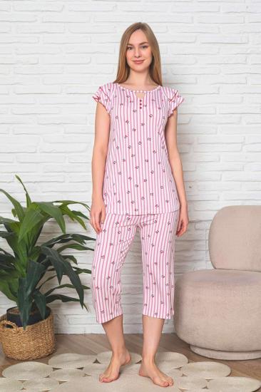 Desenli Kadın Pijama Takımı - Çizgili Kiraz Fırfırlı Kol Likralı Viskon Bermuda 2840B