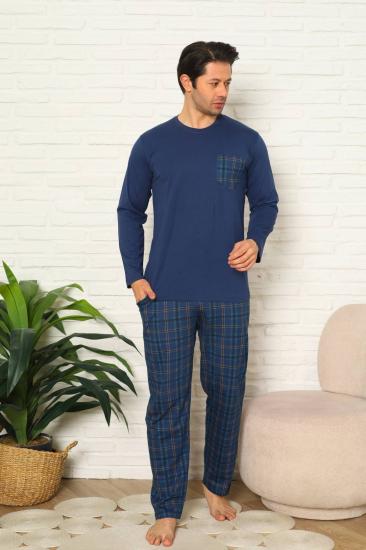 Erkek Pijama Takımı - İndigo Kareli Uzun Kollu Penye 1223UY