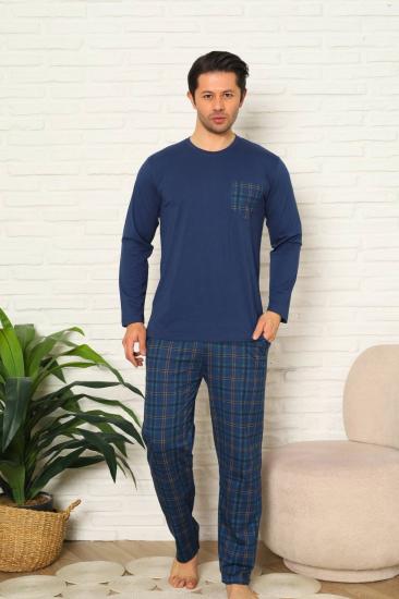 Erkek Pijama Takımı - İndigo Kareli Uzun Kollu Penye 1223UY