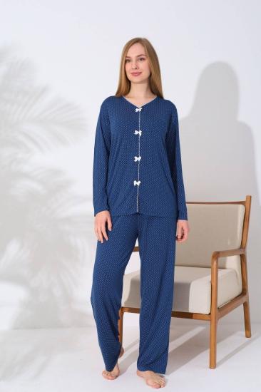 Kadın Pijama Takımı - İndigo Puantiyeli Önden Düğmeli Uzun Kollu Likralı 2828UY